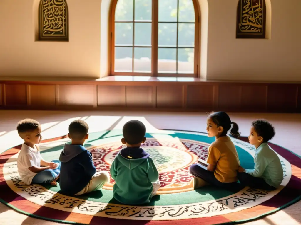 Niños escuchando atentamente a su maestro mientras exploran el Corán ilustrado en un entorno educativo islámico acogedor y lleno de luz