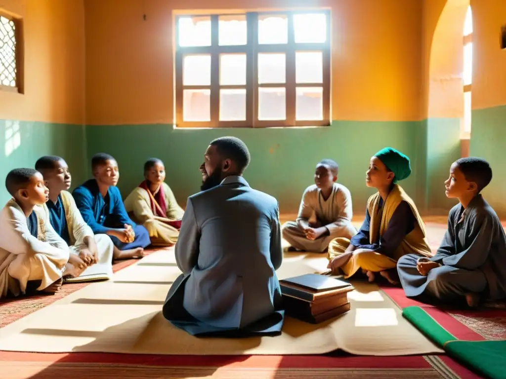 Niños aprendiendo en una vibrante Madrasa islámica en África, inmersos en la educación y la cultura