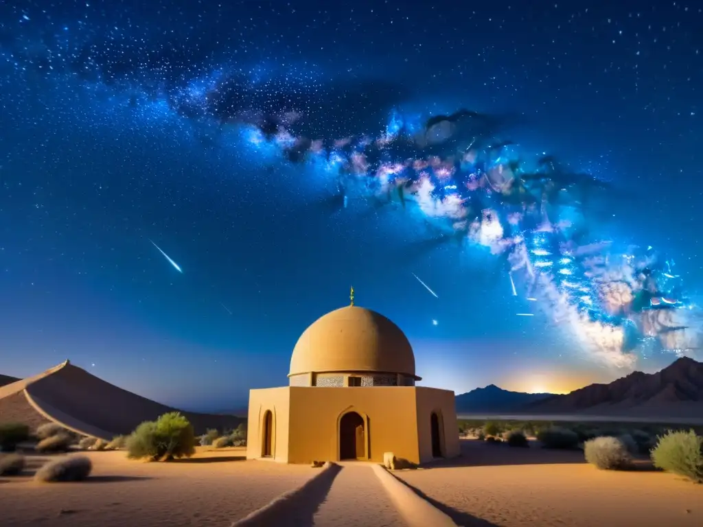 Una noche en el desierto llena de estrellas, con un observatorio islámico antiguo y telescopios