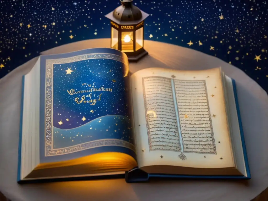 Una noche estrellada con la constelación de Orión, iluminando un antiguo manuscrito persa con versos del Rubaiyat de Omar Khayyam