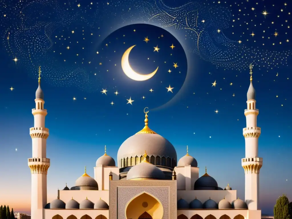 Una noche estrellada sobre una mezquita, evocando la serenidad de Lailat alQadr significado y tradición islámica
