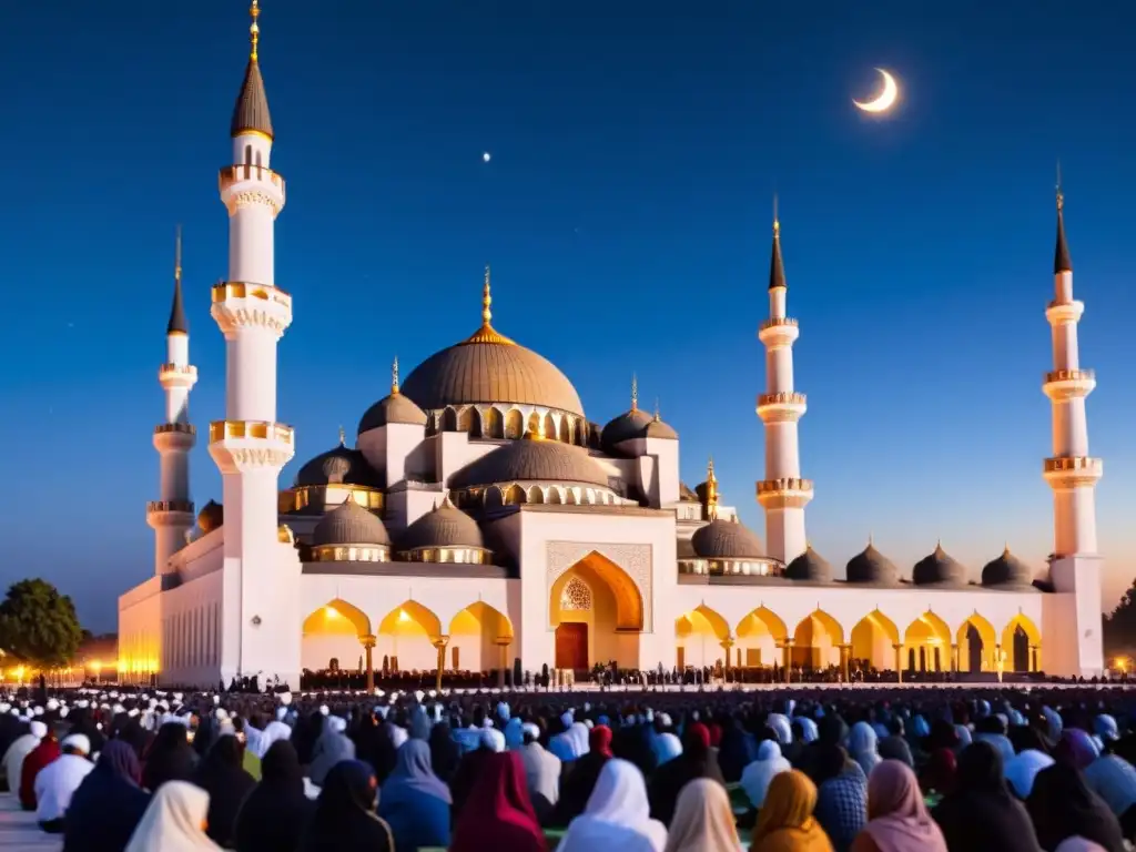 Una noche iluminada por la luna muestra una mezquita bellamente iluminada con fieles reunidos para la oración