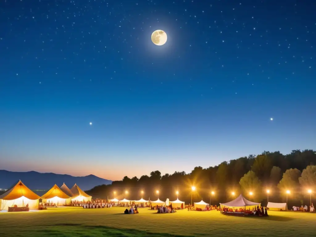 Una noche llena de estrellas brillantes y una luminosa luna llena ilumina un paisaje salpicado de pequeñas casas iluminadas