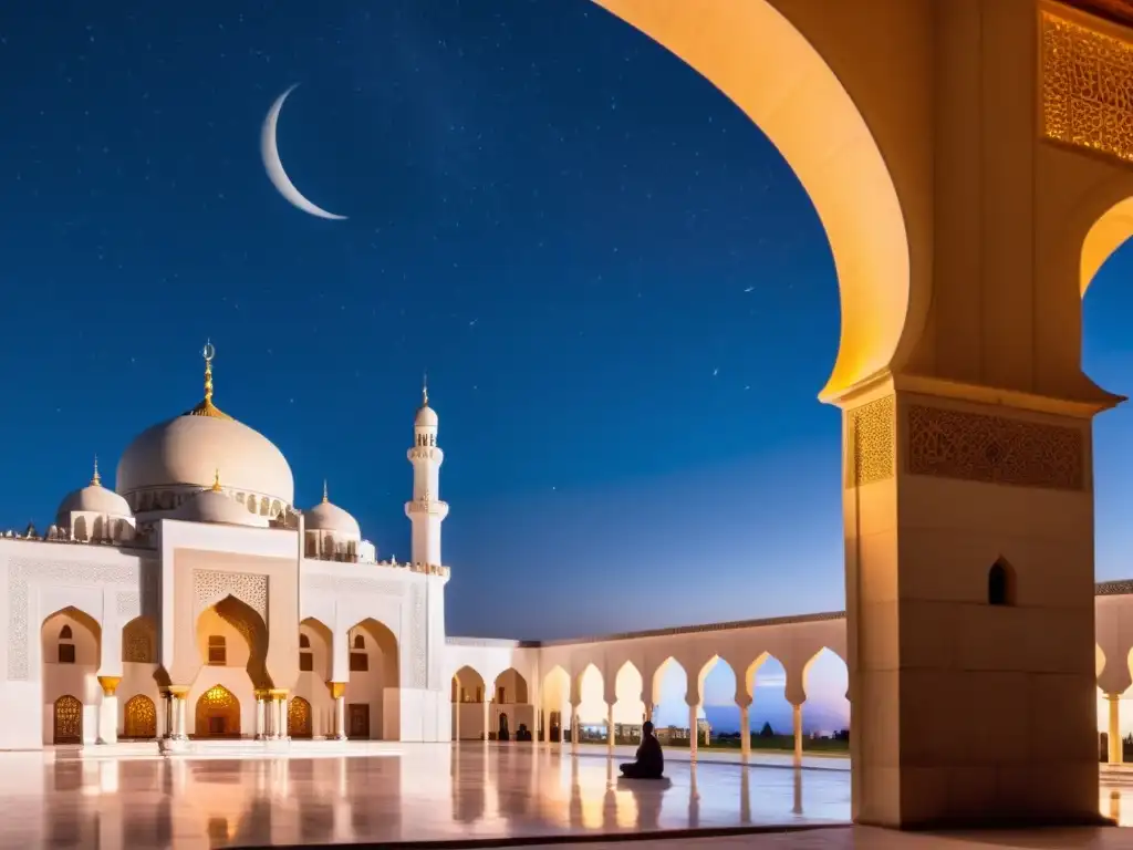 Una noche serena con cielo estrellado y luna creciente sobre una mezquita, iluminando el patio tranquilo durante Shabe Barat significado y tradición