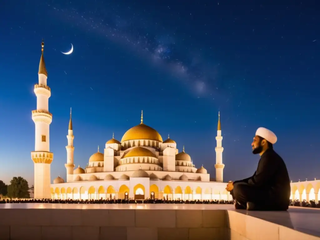 Noche serena con estrellas brillantes sobre una mezquita iluminada