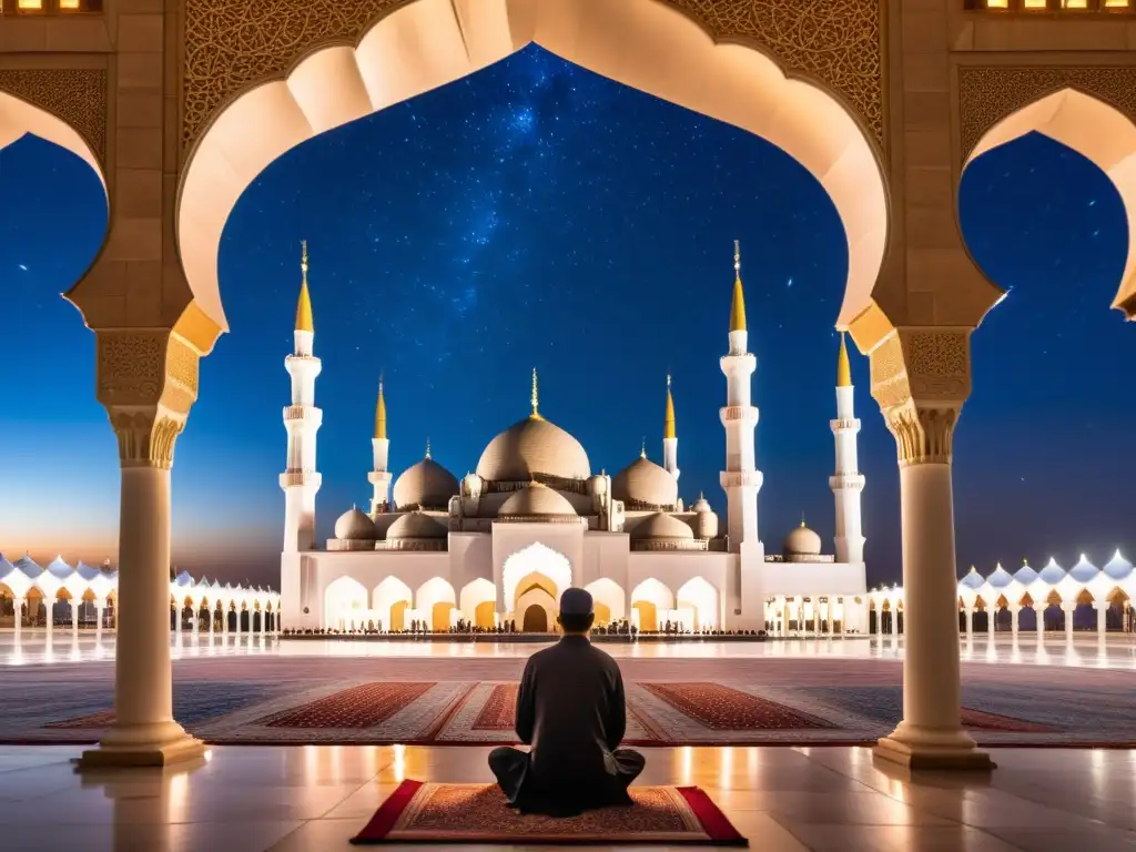 Una noche serena en Lailat alQadr, con fieles en oración bajo un cielo estrellado en una mezquita iluminada por la luna
