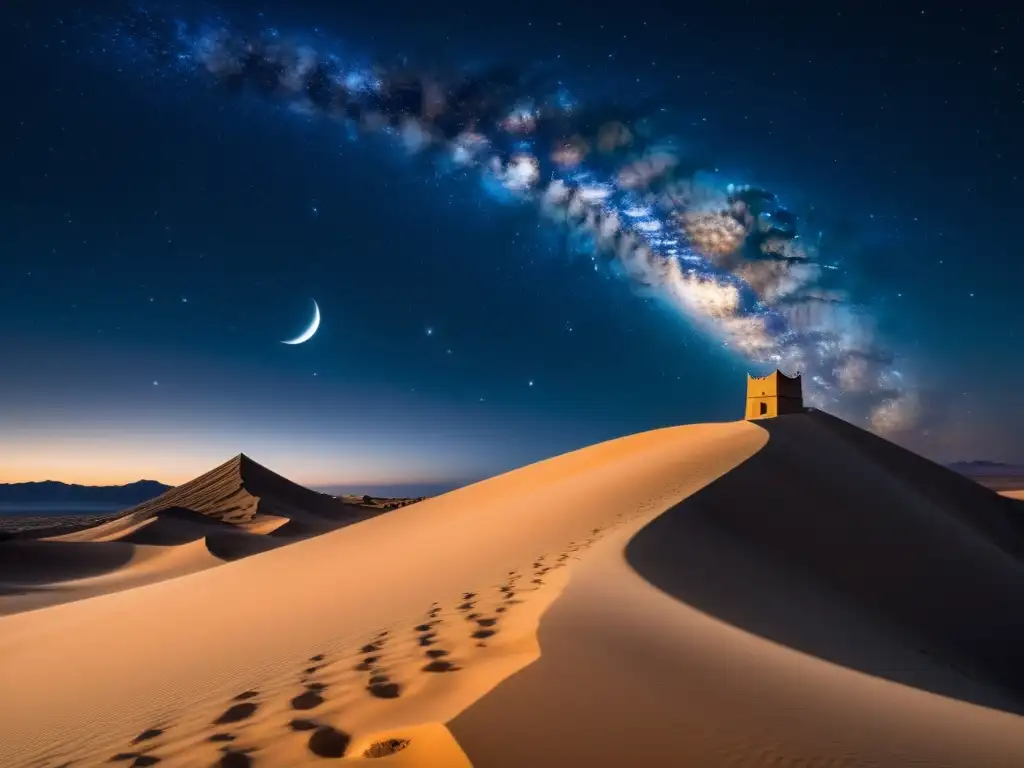 Una noche tranquila en el desierto con la Vía Láctea, la luna creciente y un observatorio, evocando la poesía astronómica en la cultura islámica