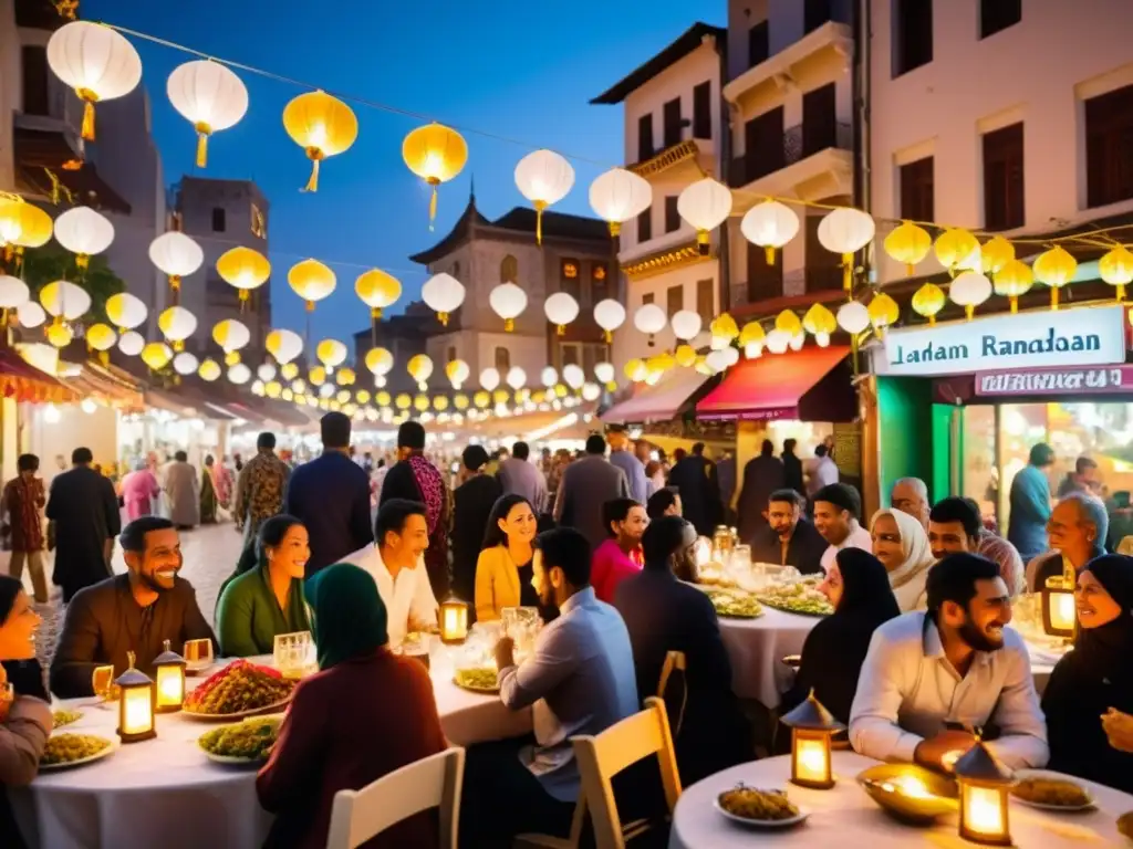 Una noche vibrante y llena de alegría durante el Ramadán, donde personas de diferentes culturas comparten la mesa