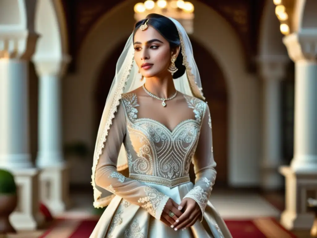 Una novia adornada con elegante ropa halal para ocasiones especiales, inmersa en tradiciones islámicas de gran belleza y significado cultural