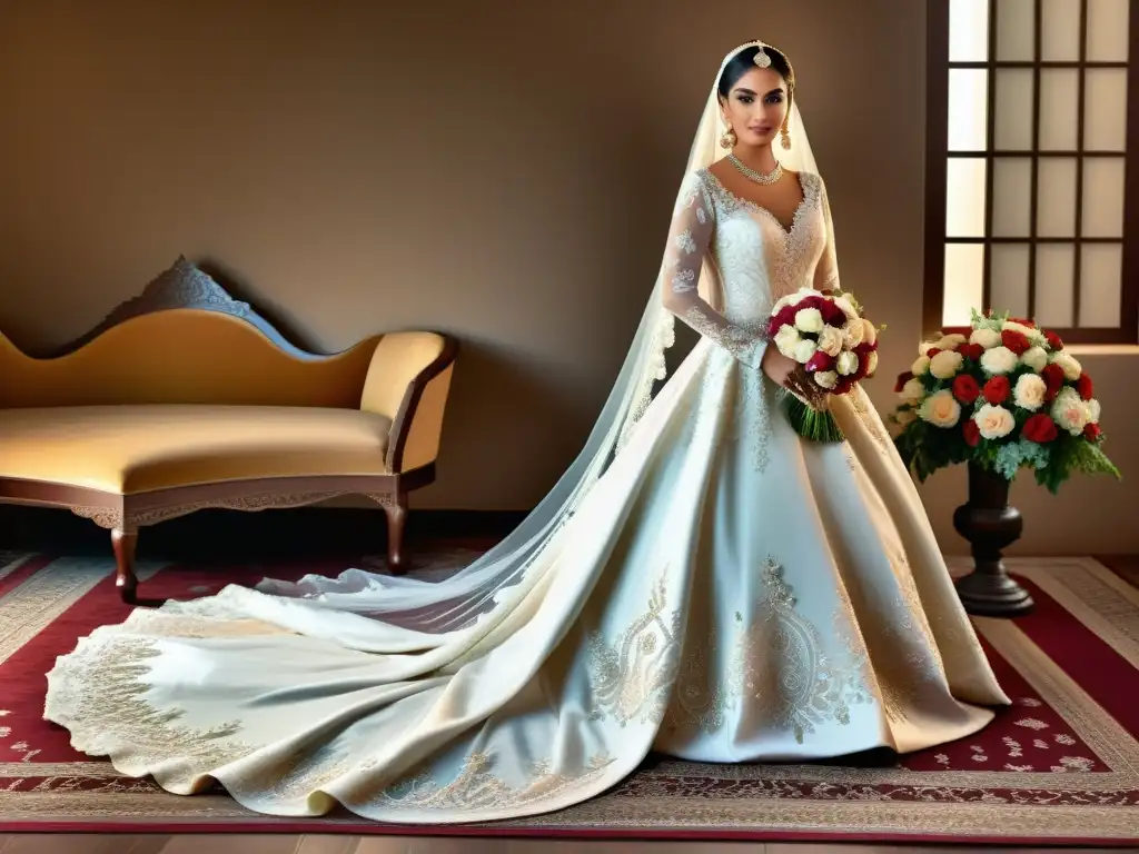 Una novia musulmana con un elegante vestido de novia blanco y velo, rodeada de flores y elementos decorativos