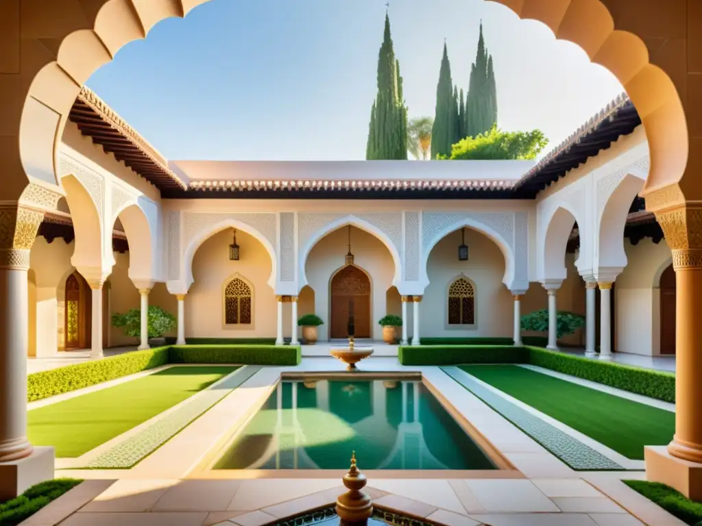 Un oasis de calma y belleza en un patio islámico, con arcos, azulejos, jardines exuberantes y minaretes