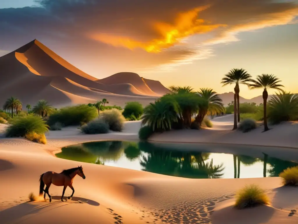 Un oasis en el desierto al atardecer, con un caballo árabe en el agua