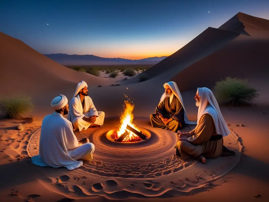 Un oasis en el desierto al atardecer: derviches realizan una danza meditativa alrededor de una fogata bajo un cielo estrellado