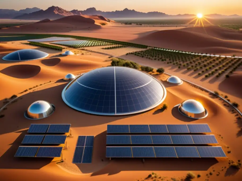 Un oasis de energía renovable en el desierto, con paneles solares brillando bajo el sol poniente y elementos arquitectónicos islámicos