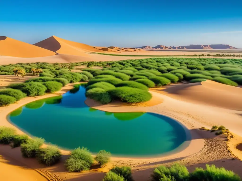 Un oasis exuberante en el corazón del desierto del Sahara, con palmeras verdes vibrantes y una piscina de agua cristalina