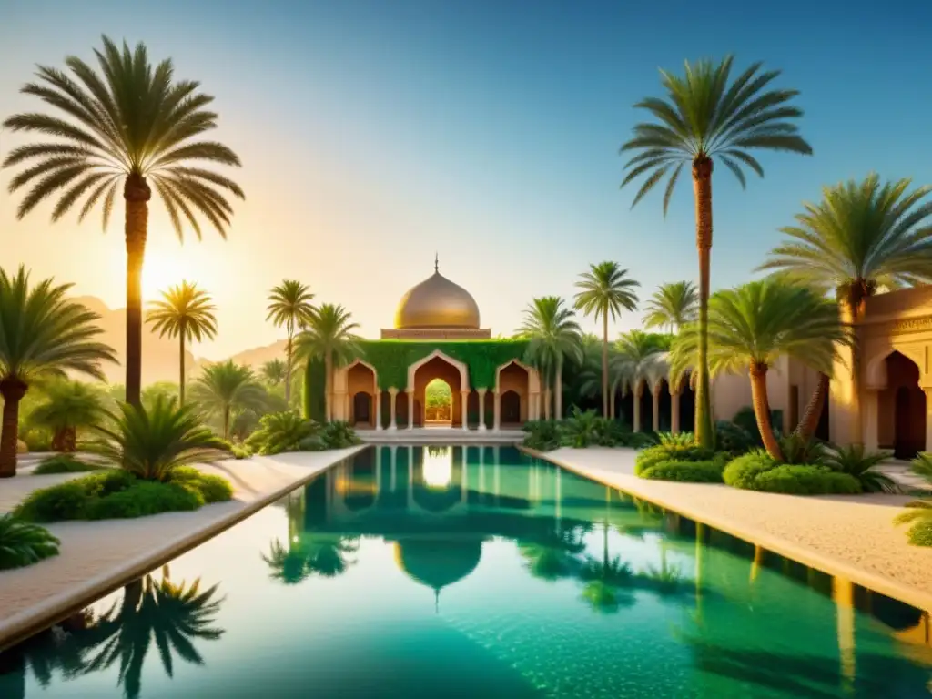 Oasis de ensueño: palmeras verdes y agua cristalina en el desierto Un oasis exuberante en el desierto con palmeras verdes vibrantes y una piscina de agua cristalina, bajo el cálido sol