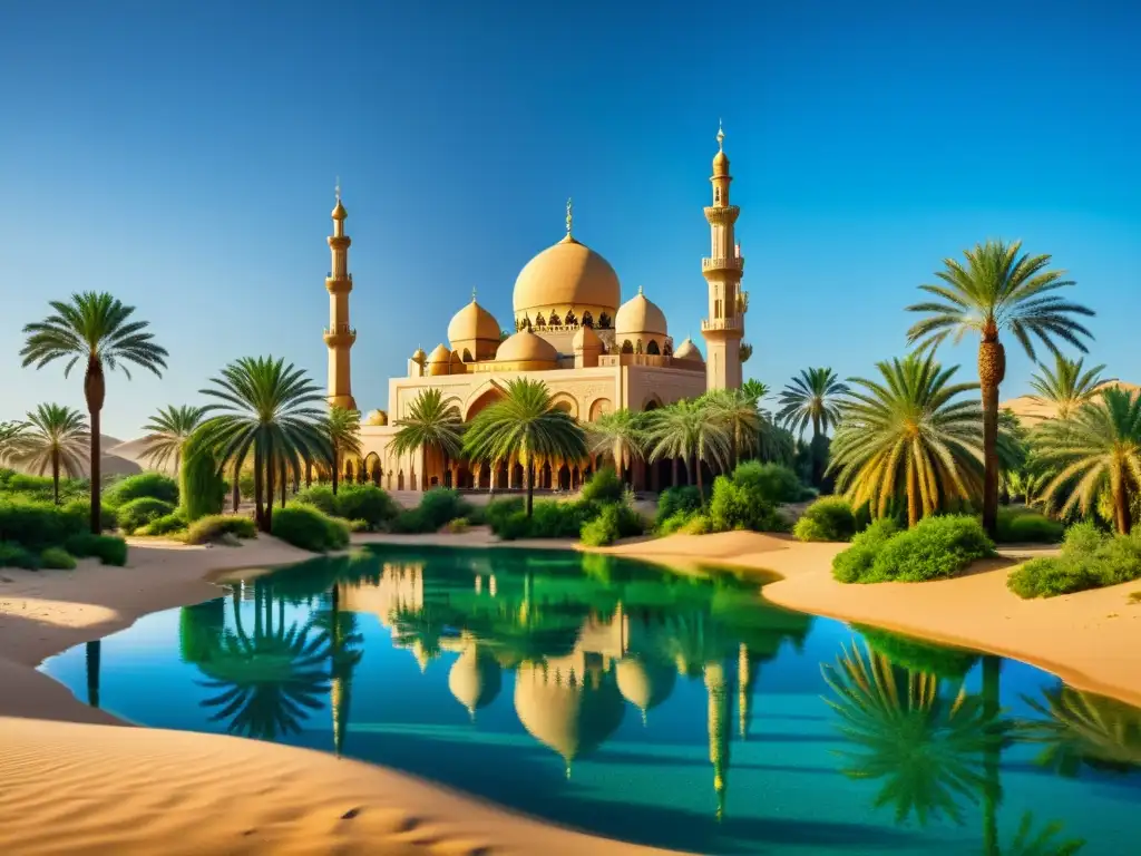 Un oasis exuberante en el desierto con palmeras verdes, cielos azules y una piscina de agua brillante