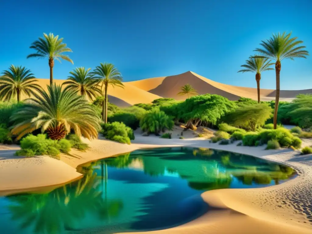 Oasis exuberante con piscina esmeralda, palmeras y dunas, reflejando protección medio ambiente en Islam