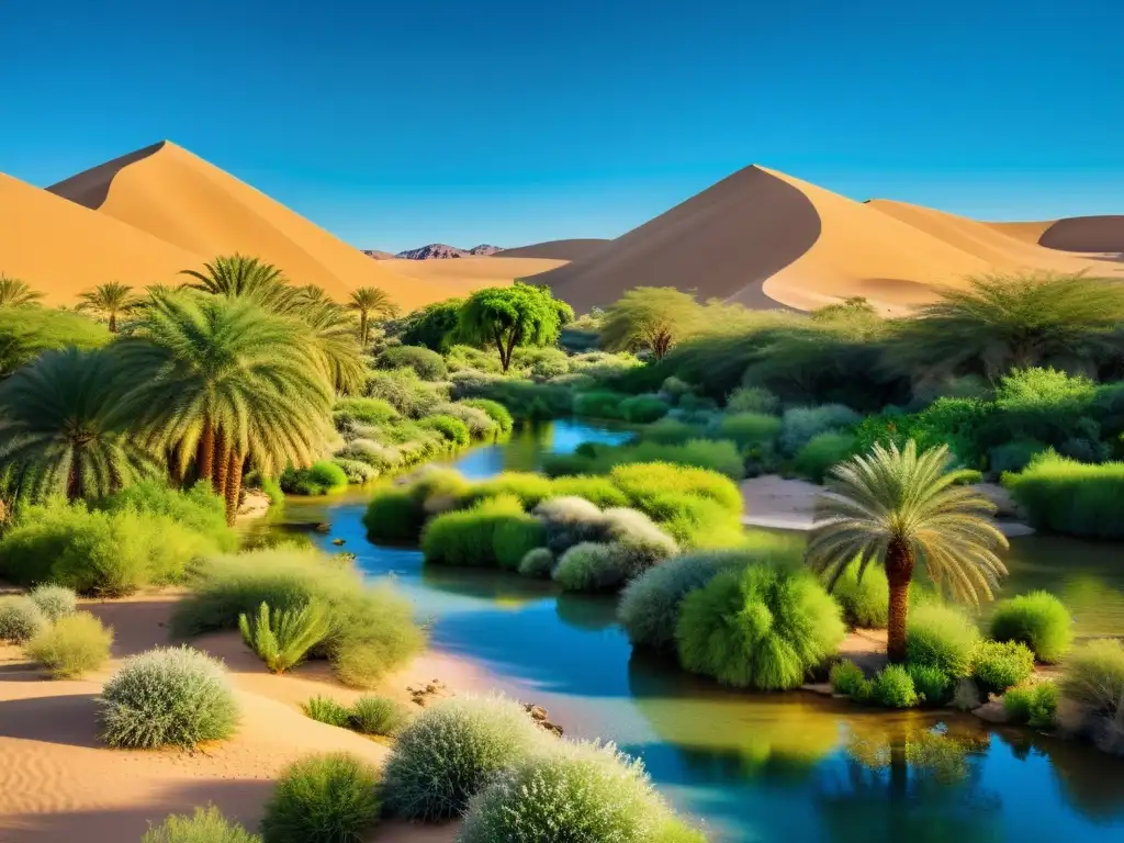 Un oasis exuberante y sereno en el desierto, con flora vibrante y un arroyo cristalino