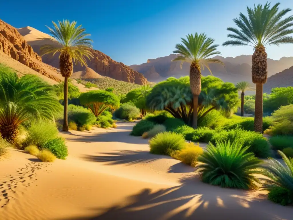 Un oasis exuberante y vibrante en el desierto, con palmeras altas proyectando sombras sobre un arroyo serpenteante