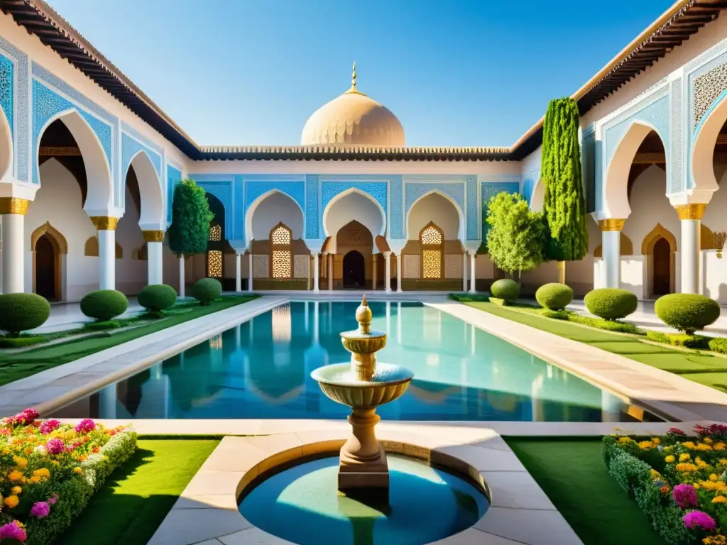 Un oasis de paz en una mezquita, rodeada de exuberantes jardines y un cielo azul