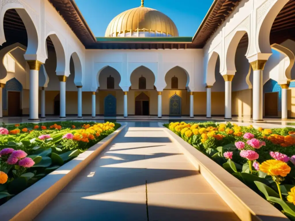 Un oasis de serenidad en un patio de mezquita bañado en luz dorada