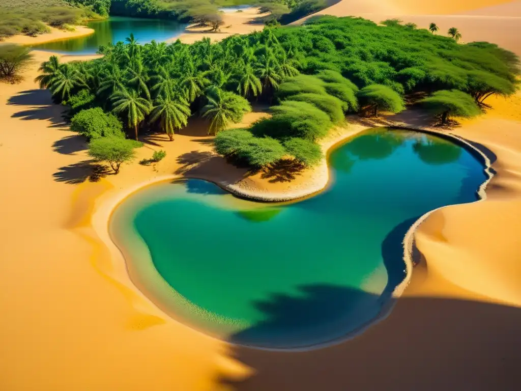 Un oasis sereno en el desierto africano con un frondoso palmar y una piscina cristalina, bañado por la cálida luz dorada