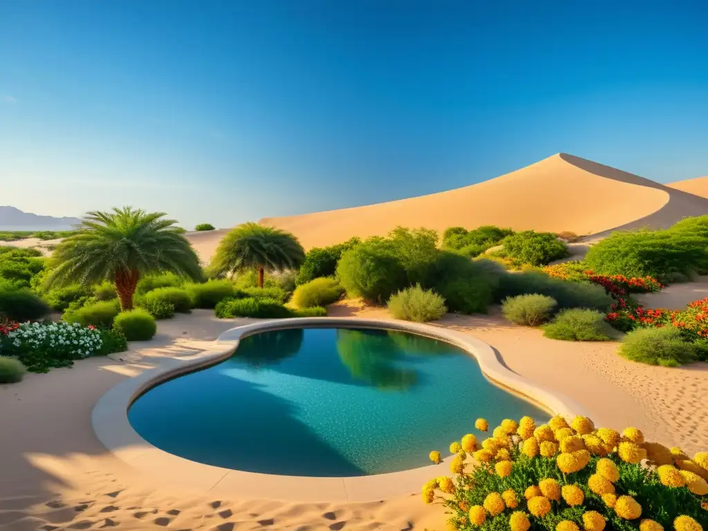 Un oasis sereno en el desierto, con exuberante vegetación, agua cristalina y arquitectura islámica