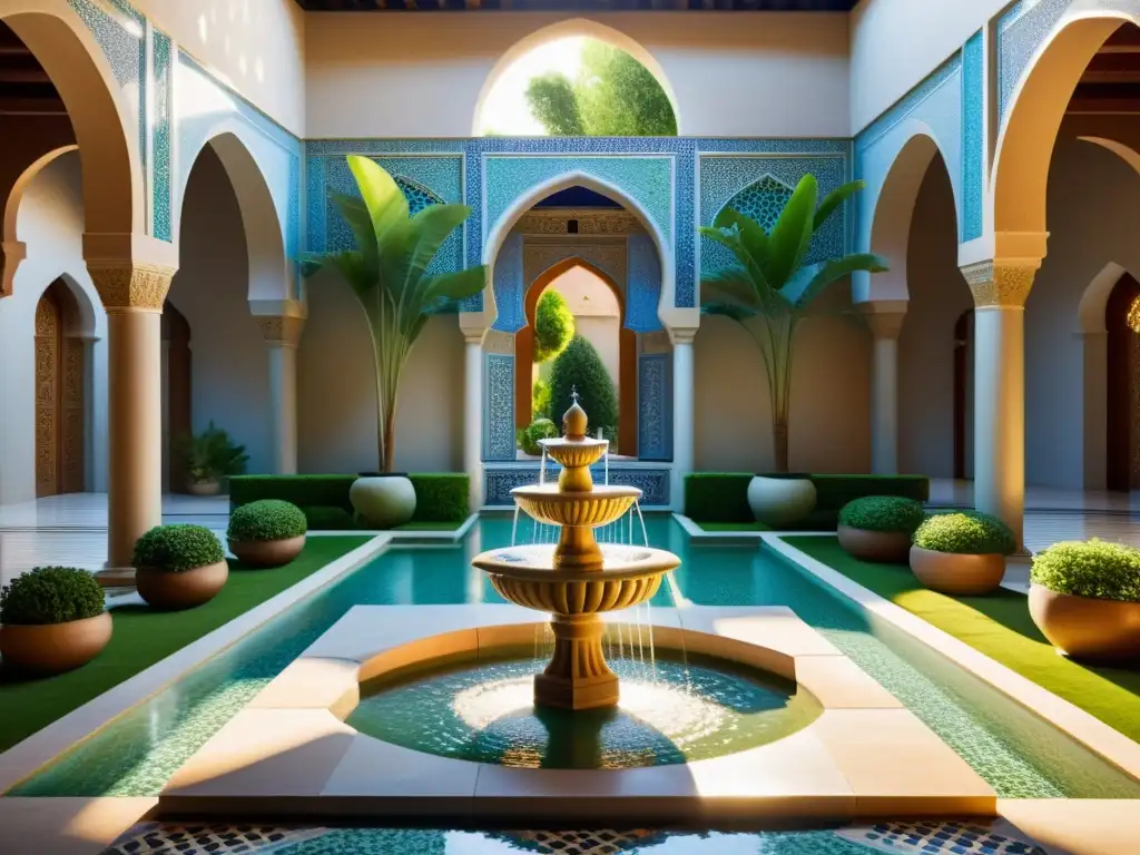 Un oasis sereno con fuente y decoración islámica contemporánea