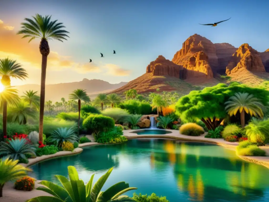 Un oasis sostenible con palmeras y aves en una imagen fotorealista