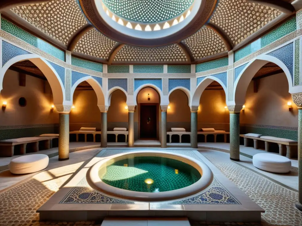 Un oasis de tranquilidad en un hamam turco con azulejos ornamentados y luz natural