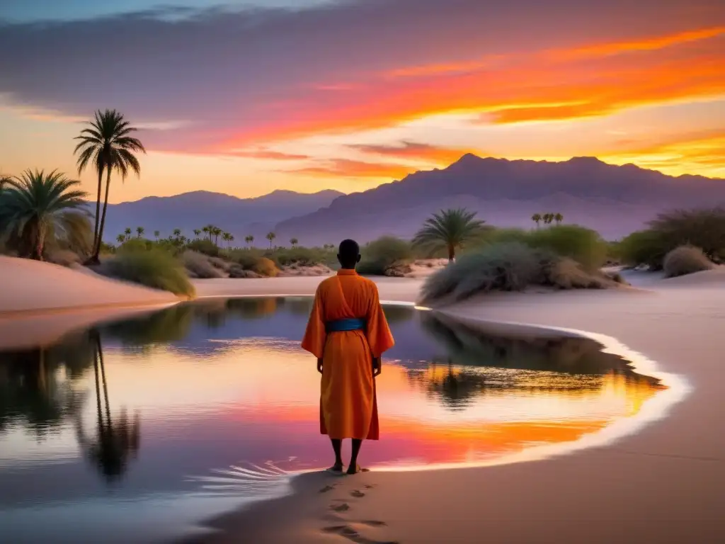 Un oasis tranquilo en el desierto al atardecer, con influencia de la poesía sufí