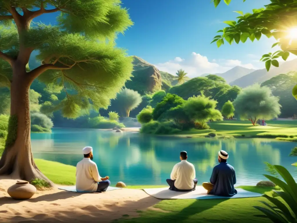 Un oasis tranquilo con personas participando en retiros espirituales Halal en entornos naturales, meditando y conectando con la naturaleza