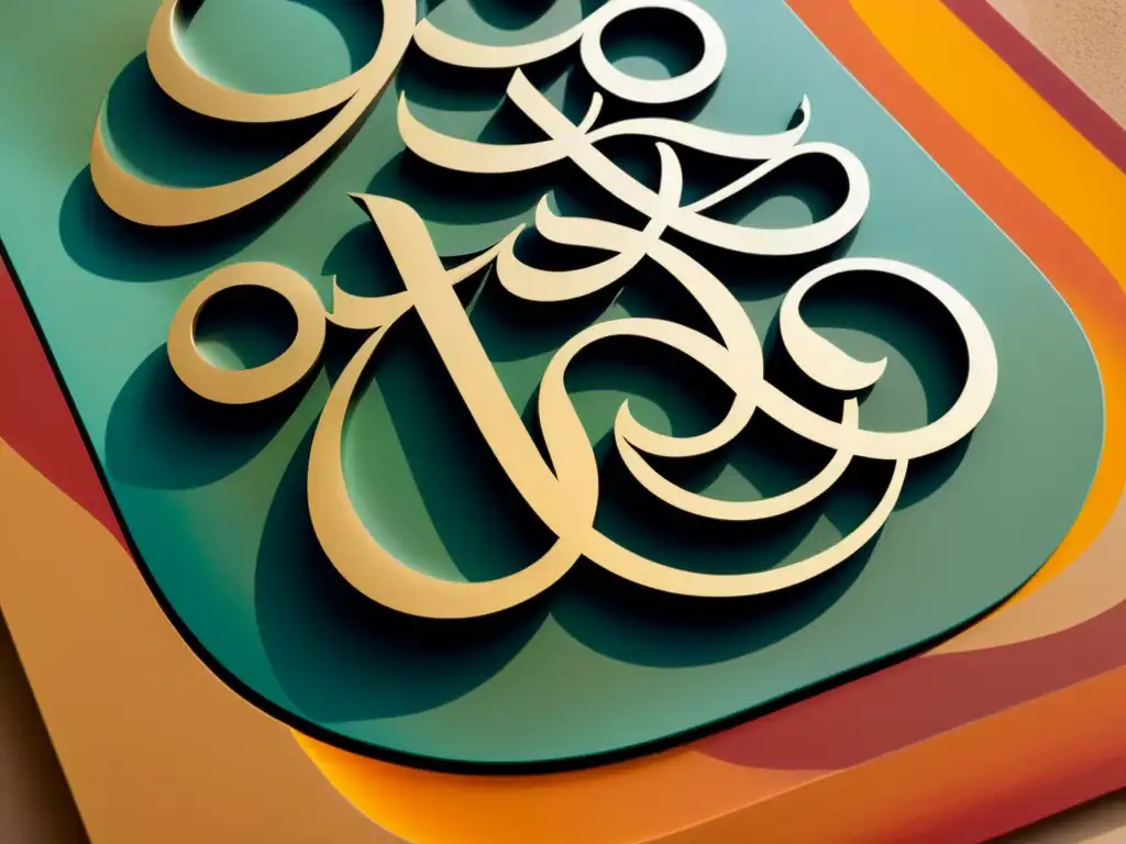 Una obra de arte contemporáneo con caligrafía árabe reinventada en colores vibrantes y trazos fluidos sobre un fondo armonioso de tonos cálidos