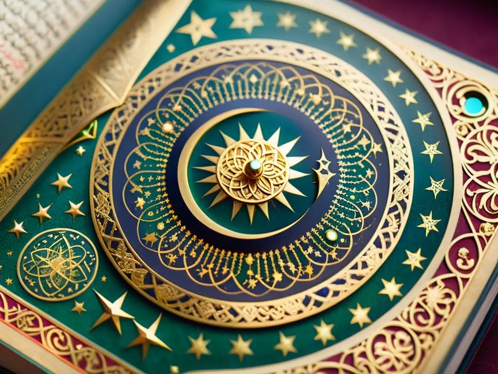 Una obra de arte: manuscrito islámico de astrología, con detalles en oro y colores vibrantes