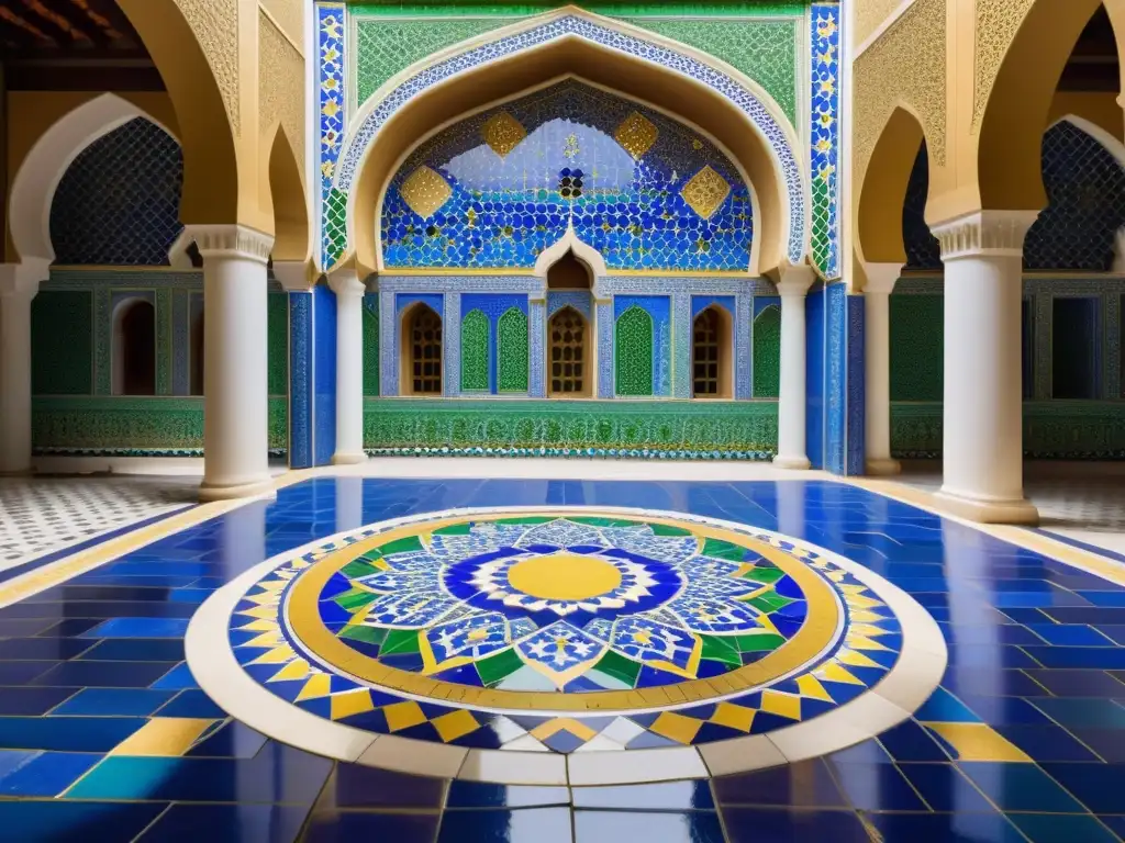 Una obra de arte en mosaico islámico detallado y vibrante en un patio tradicional, con patrones geométricos en tonos azules, verdes y dorados