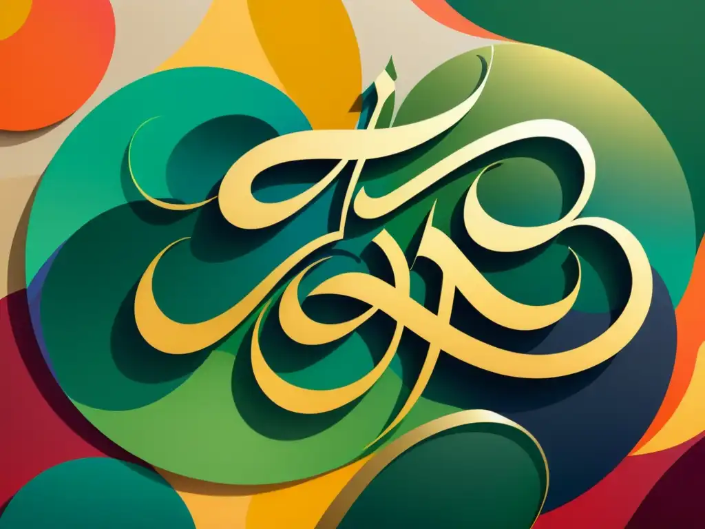 Una obra de caligrafía árabe contemporánea reinventada con intrincados trazos y vibrantes colores en un estilo moderno
