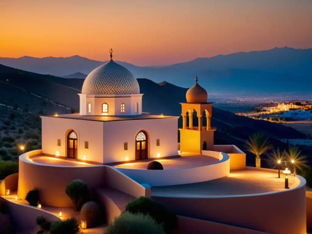 Observatorio astronómico en el desierto andaluz, con arquitectura islámica y estudiosos contemplando la noche estrellada