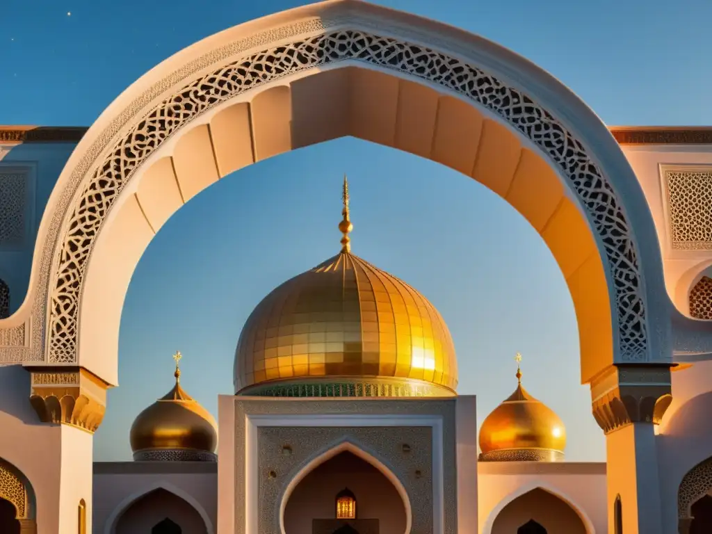 Un observatorio astronómico en una mezquita, con la cálida luz del atardecer resaltando sus detalles ornamentales y la majestuosidad celestial