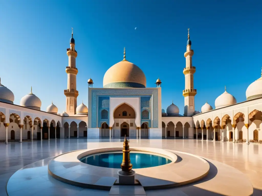 Observatorio astronómico en mezquita, con intrincados instrumentos y patrones geométricos, bañado por cálida luz solar y cielo azul despejado