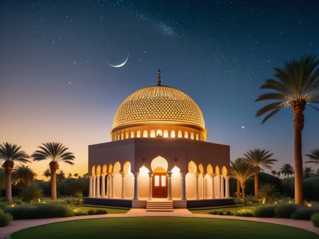 Una observatorio islámico antiguo al atardecer, con patrones geométricos, jardines exuberantes y cielos estrellados