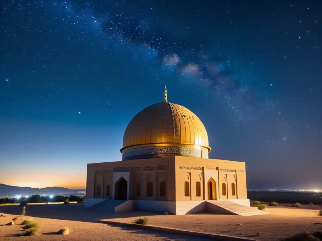 Una observatorio islámico antiguo iluminado por la luz de la luna, con eruditos estudiando fenómenos celestes