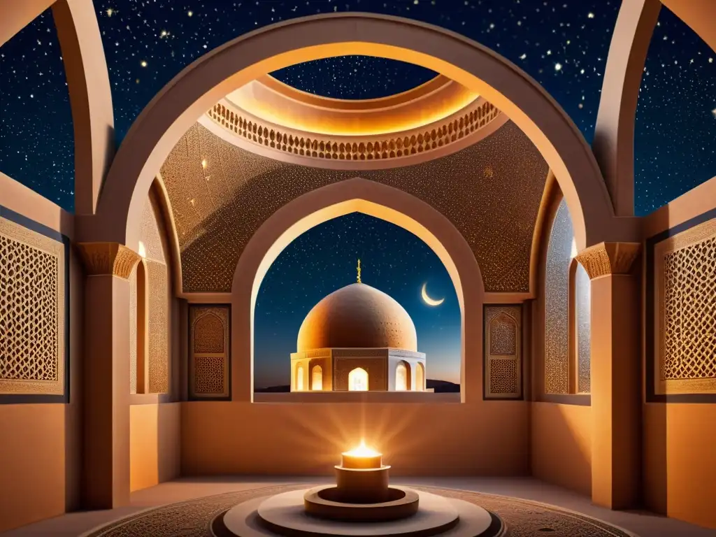 Un observatorio islámico antiguo con intrincados diseños geométricos en las paredes y techos