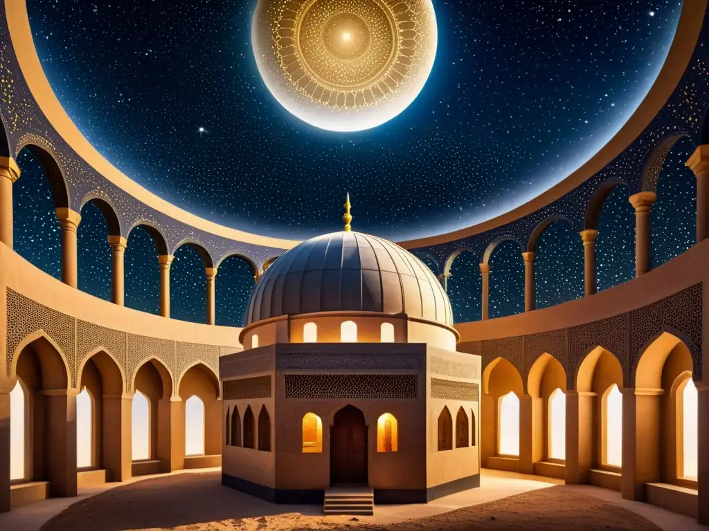 Una observatorio islámico antiguo en una noche estrellada, destacando la ciencia y arquitectura del Islam clásico