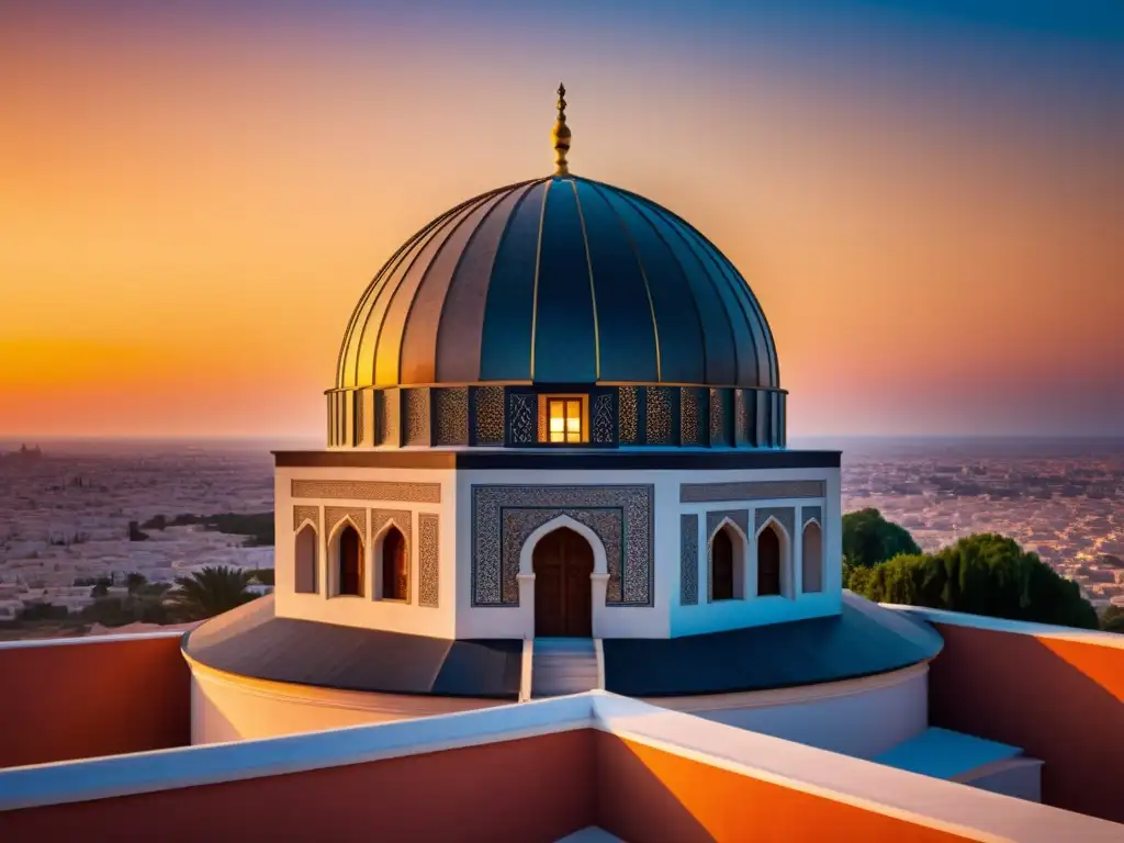 Observatorio islámico con astrónomos estudiando el cielo al atardecer, evocando la rica tradición de astrología en el mundo islámico