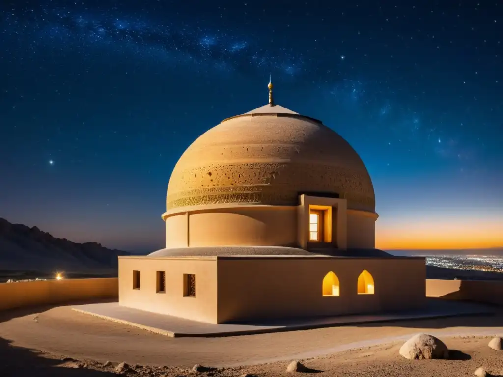 Observatorio islámico en Maragheh, Irán, resalta el patrimonio islámico en la ciencia con su arquitectura y astrónomos estudiando el cielo estrellado