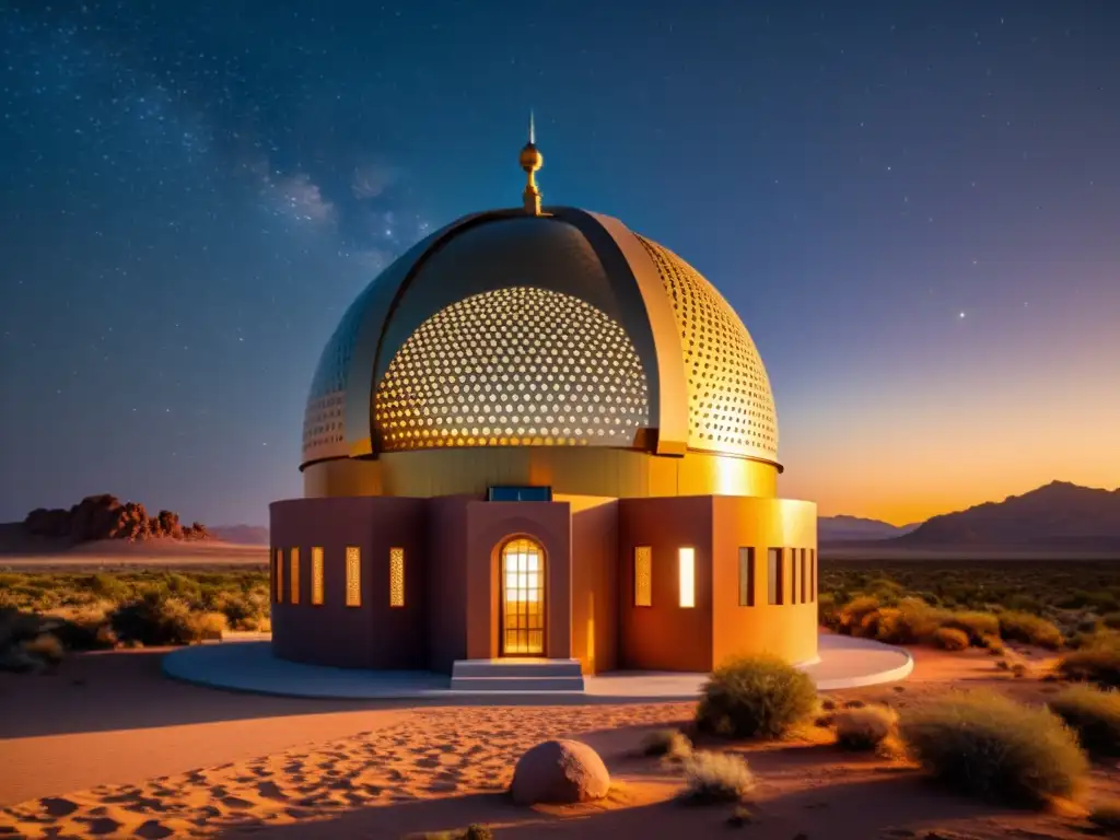 Un observatorio moderno en el desierto, iluminado por el cálido resplandor del atardecer