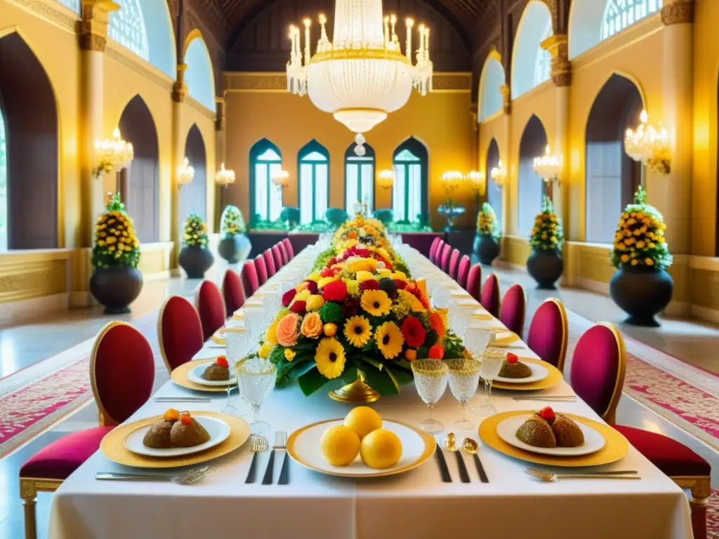 Una opulenta mesa de banquete en un palacio, con exquisita vajilla y platos coloridos