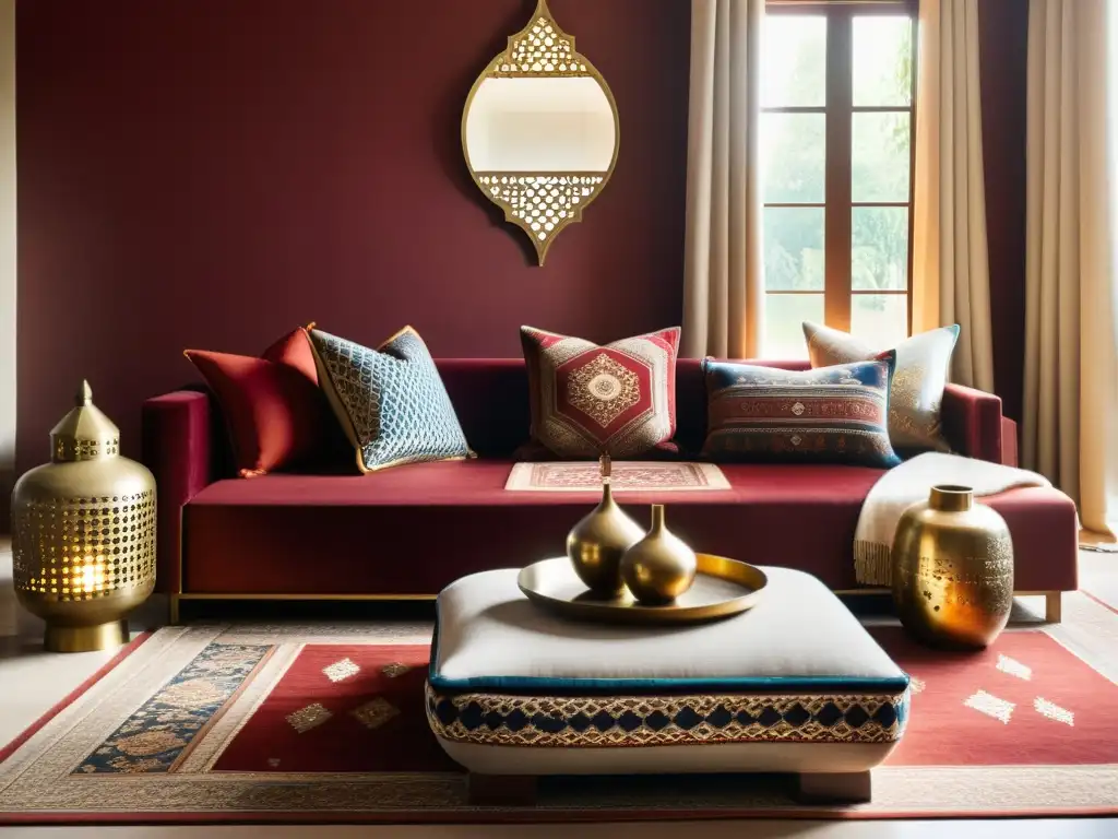 Suntuoso salón con textiles y decoración islámica Opulenta sala de estar con accesorios halal para decoración hogar, fusionando confort y tradición en una armoniosa fusión de riqueza cultural