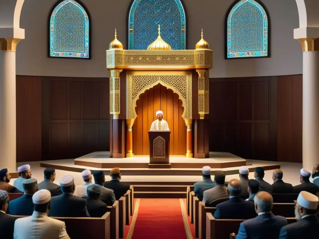 Un orador entregando un discurso apasionado desde un minbar de mezquita bellamente detallado